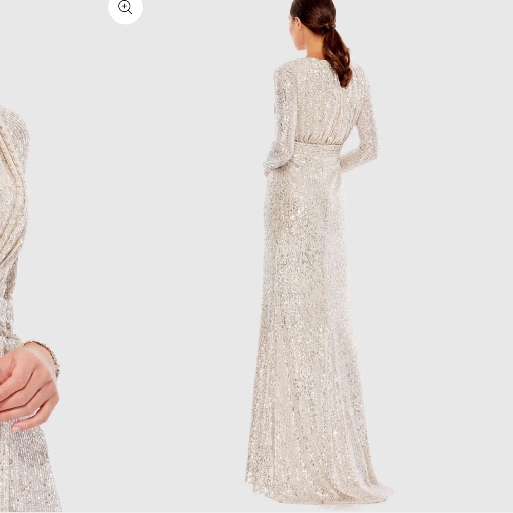 Long Sleeve Silver Sequin Wrap Gown with High Slit - Picture 3 of 8